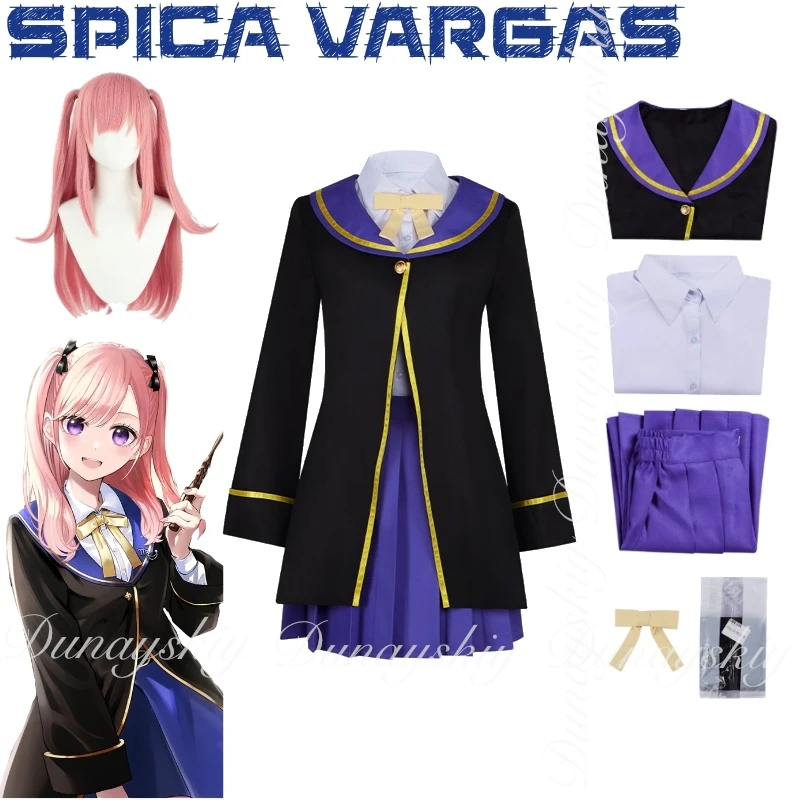 

The Classroom of a Black Cat and a Witch Anime Spica Vargas Cosplay With Blue Skirt Pink Wig Black Coat Cosplay Costume Full Set