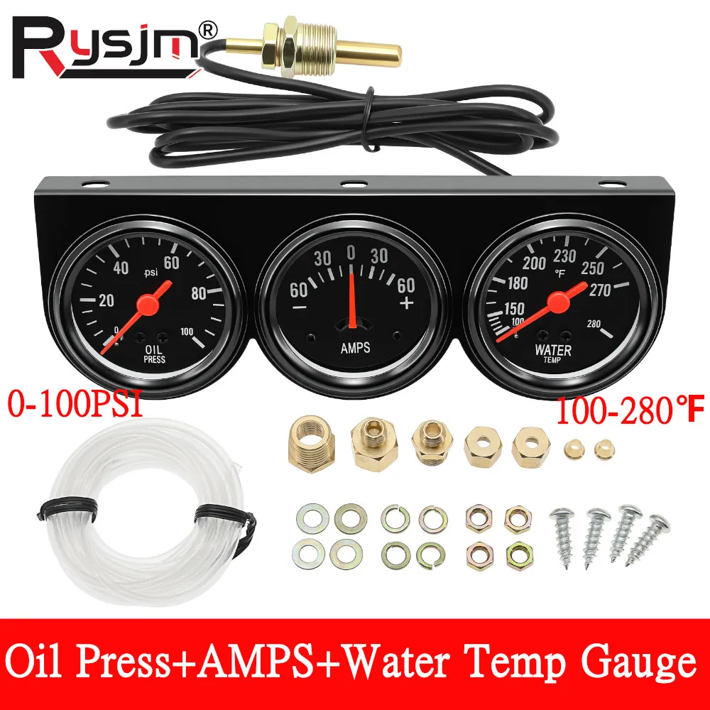 3 in 1 Car Meter Kit Triple Gauge 52mm Oil Pressure Gauge 0-100PSI Water Temp Meters 100℉- 280℉ AMPS Black Bezel Black Face