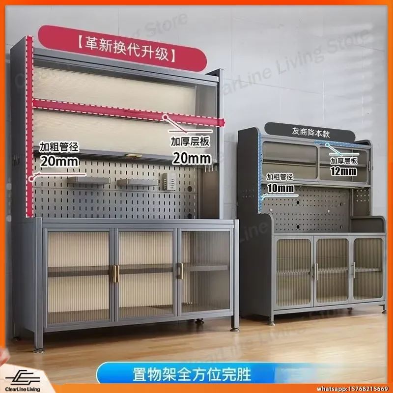Kitchen Floor Standing Closed Shelf Cabinet Wrought Iron Sideboard Storage Cabinet for Dishes Pots Cookware Multifunctional