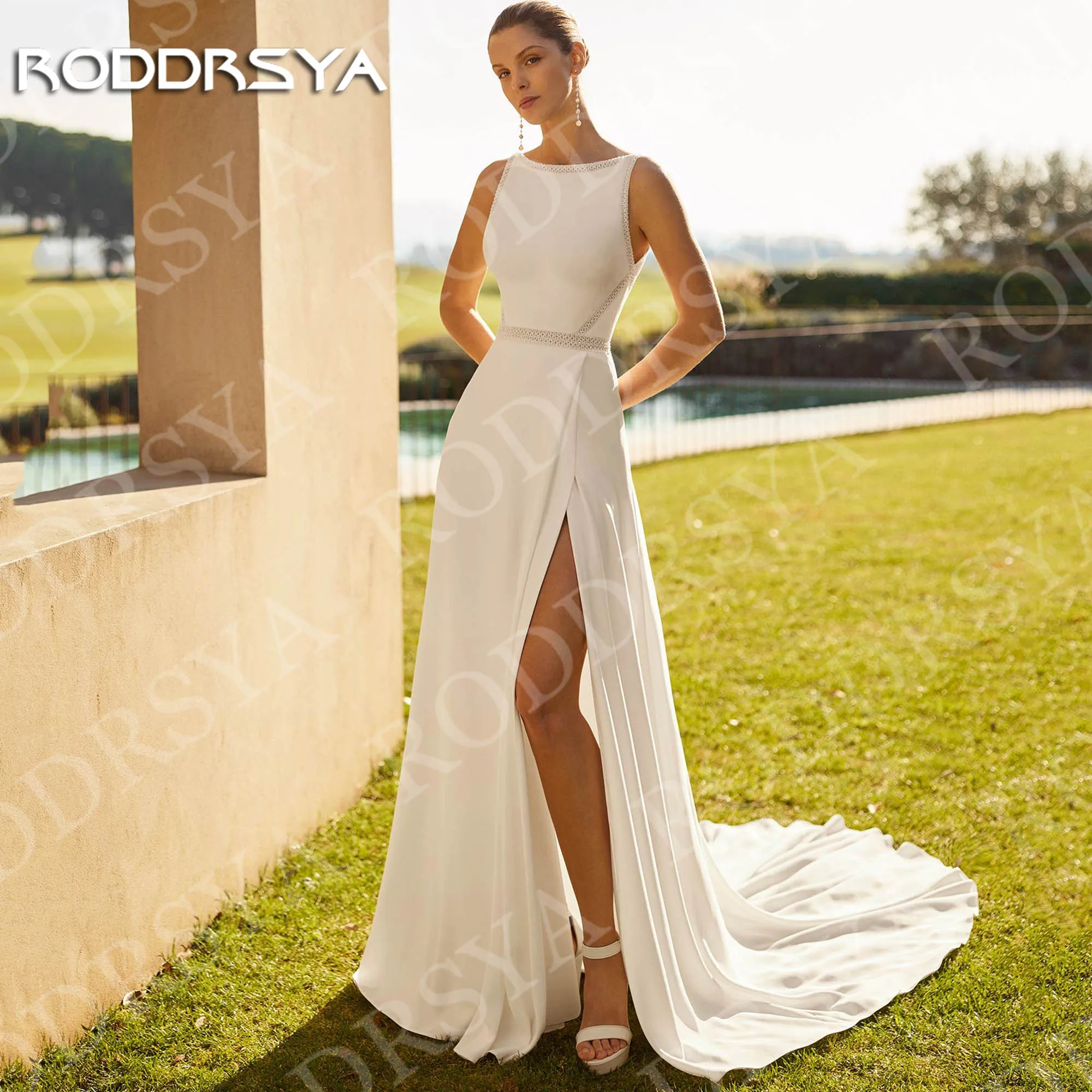 

RODDRSYA Sleeveless Wedding Dress Modern Open Back A Line High Slit Bridal Dresses with Detachable Cape Customized robe mariée