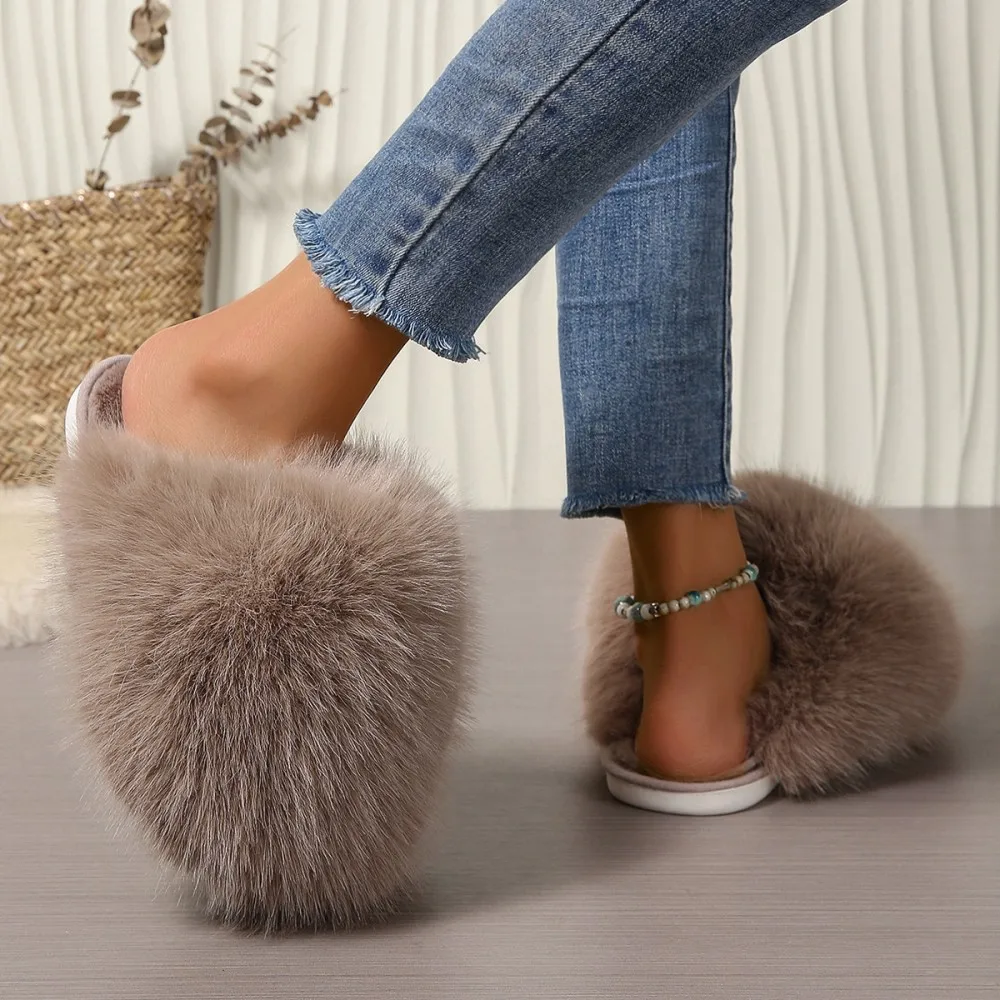 Winterfellige Damen-Hausschuhe, bequeme Flip-Flops, flache Pantoffeln, Indoor-Schlafzimmer-Plüschschuhe für Damen – Detail 15