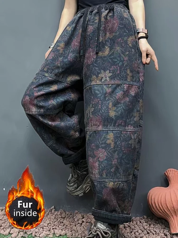 Max LuLu Fur Fashion Womens Printed Harem Trousers Loose Vintage Luxury Thicken Denim Pants Ladies Oversized Casual Warm Jeans