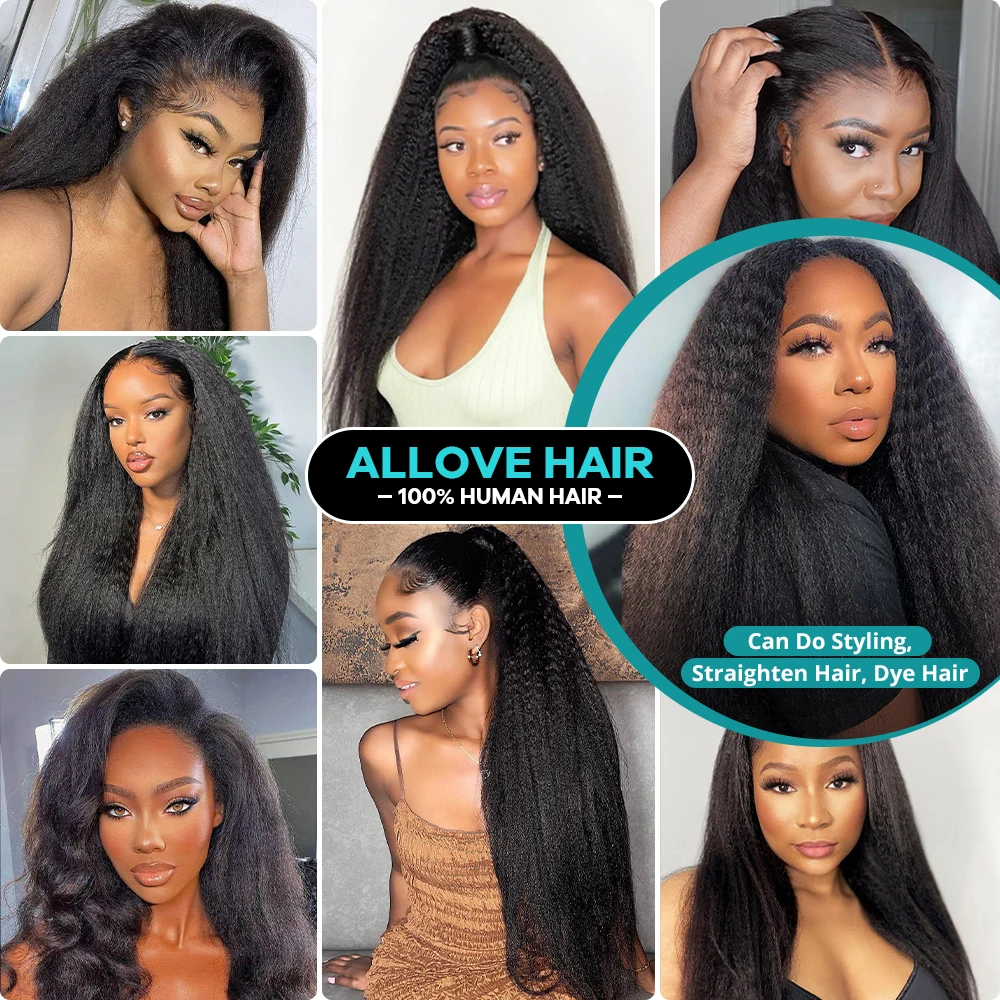 Allove Kinky Straight Bundles With Closure Brazilian Remy Yaki Straight Human Hair Bundles With 4x4 Transparent Lace Closure