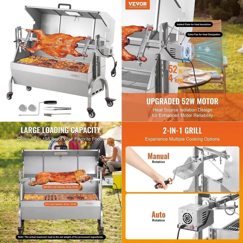 

Rotisserie Grill with Hooded Cover Roaster, 46 Inch 198Lbs Capacity, BBQ Outdoor Pig Lamb Rotisserie Roaster, Electric 52W Moto