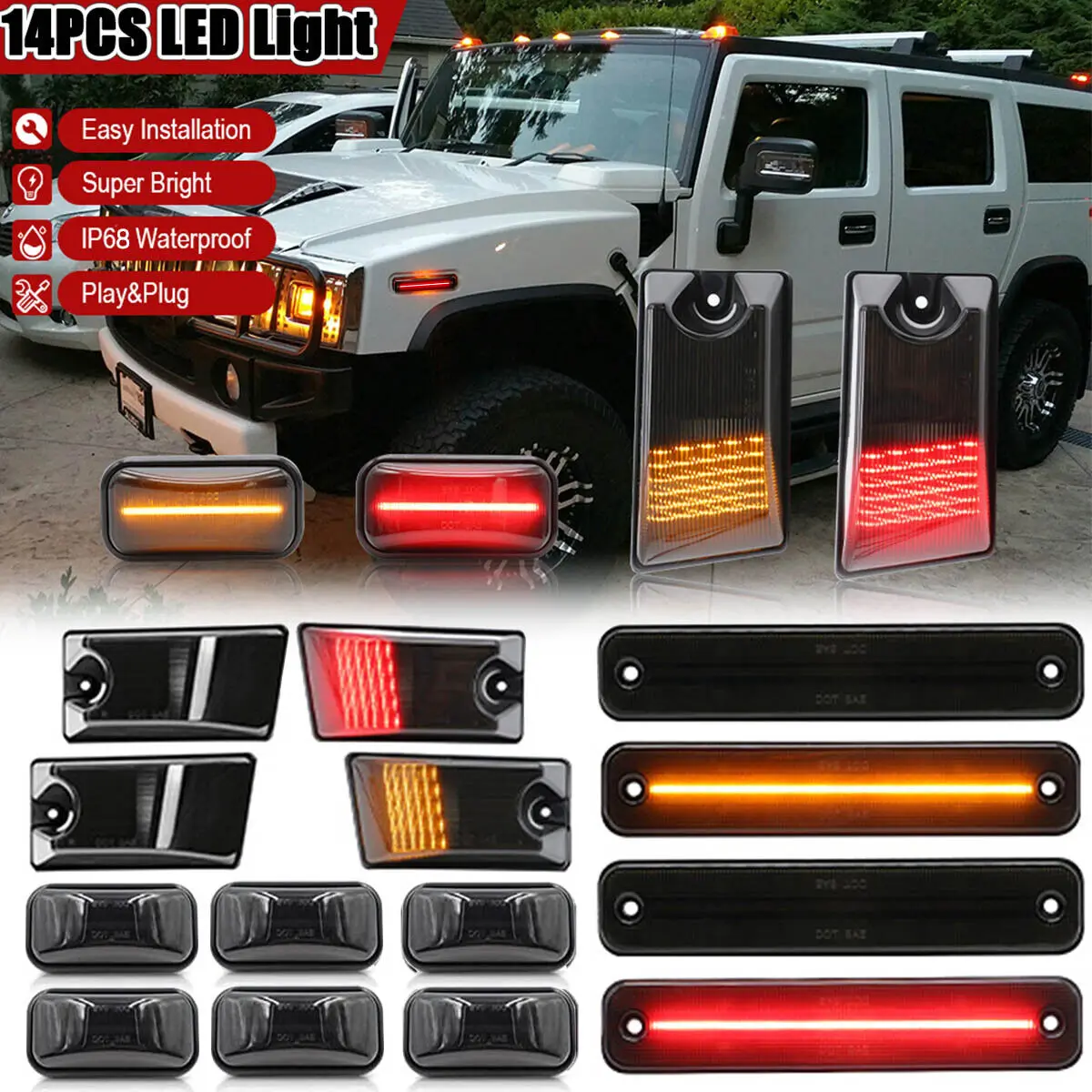 

For Hummer H2 SUV/SUT Cab Roof Marker Light Side Marker Turn Signal Lights Door Panel Light ,Tail,Brake & Rear Fog Lamps 03-2009