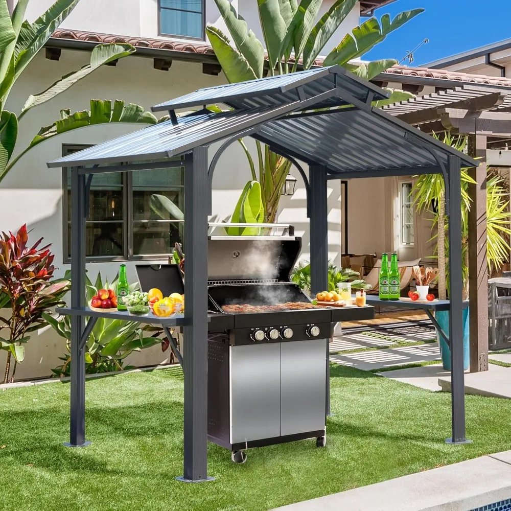 8x5FT Hardtop Grill Gazebo, All-Weather Outdoor Gazebo with 2 Side Shelves and Ceiling Hook, Galvanized Steel Double Roof