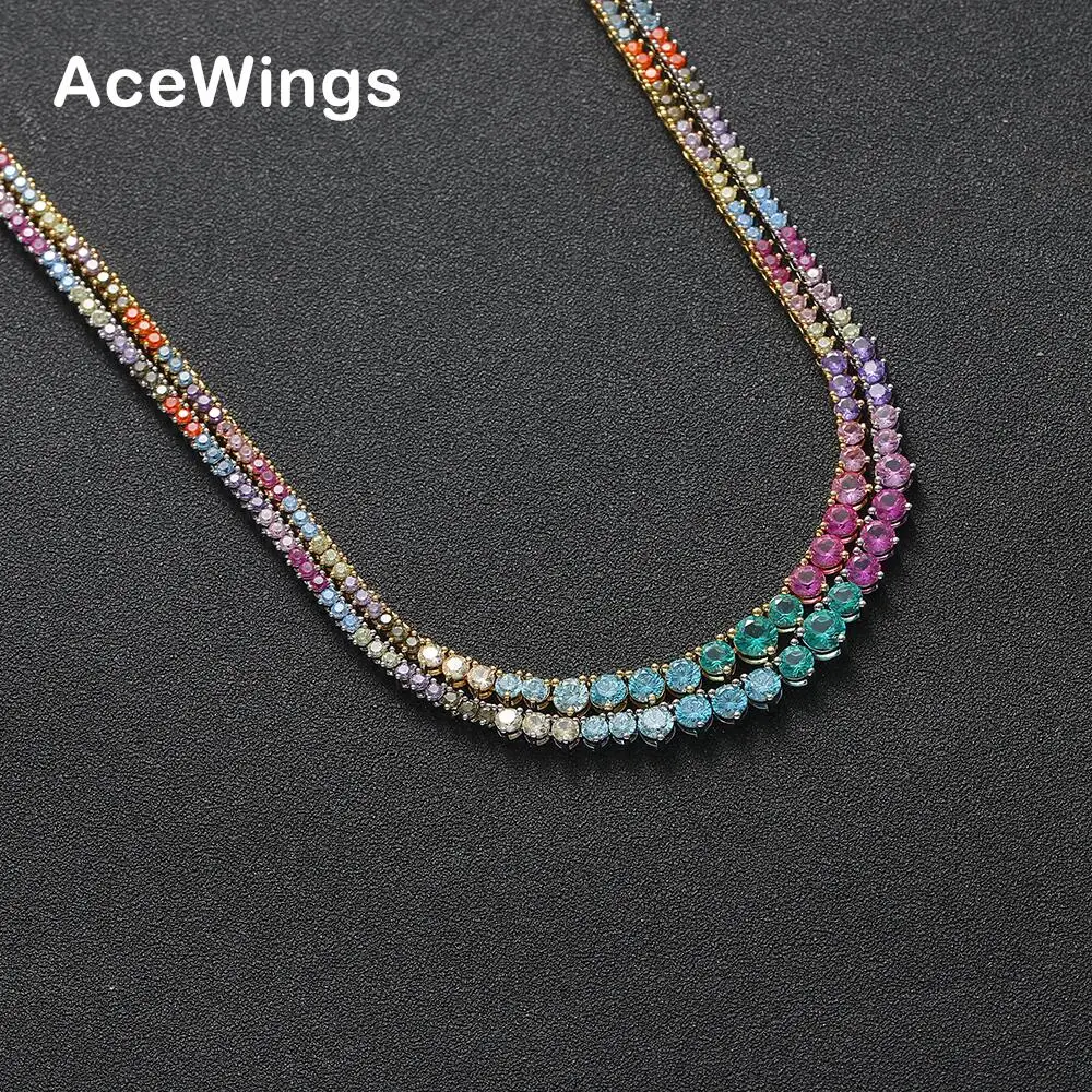 2mm-5mm Colorful Stone Brass Tennis CZ Chain 3 Prong Fashion Female Zircon Necklace BC154