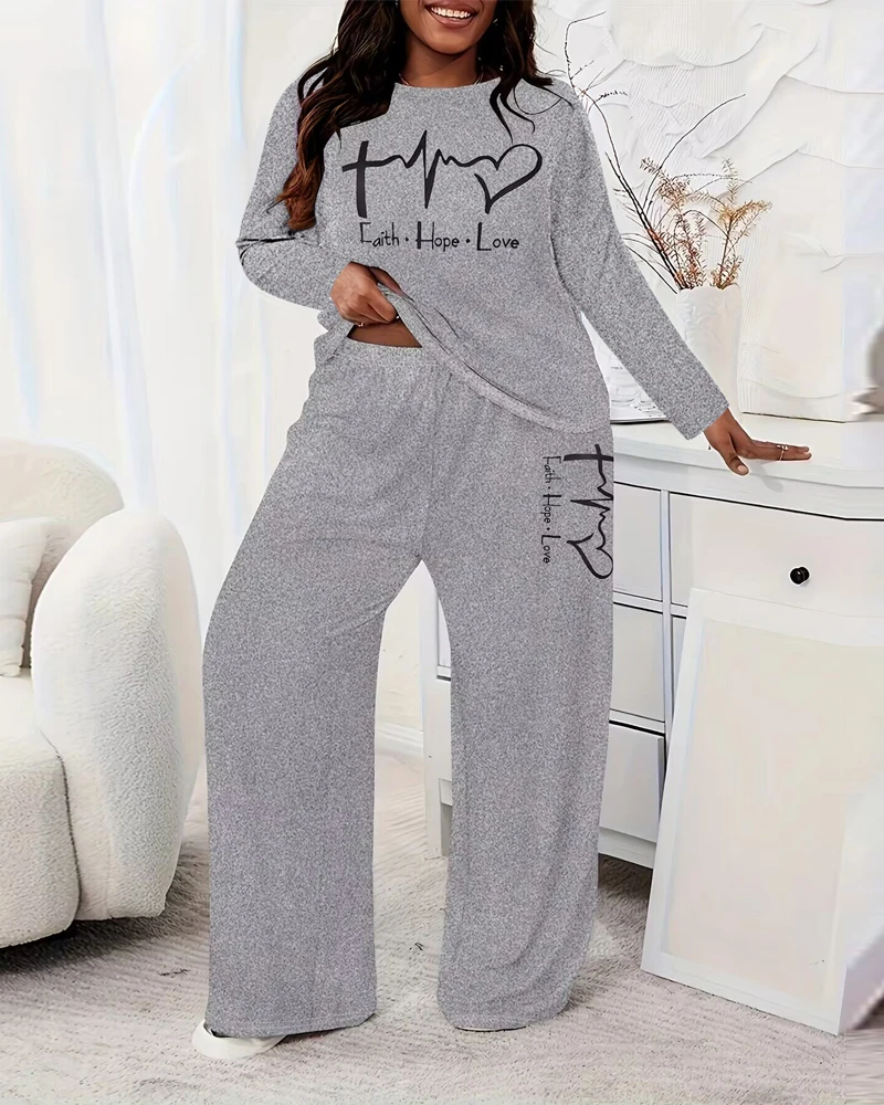 Women\'s Suit 2025 Autumn Plus Size 2 Piece Heart Faith Hope Love Print Crewneck Long Sleeve Top High Waist Pants Pajamas Set