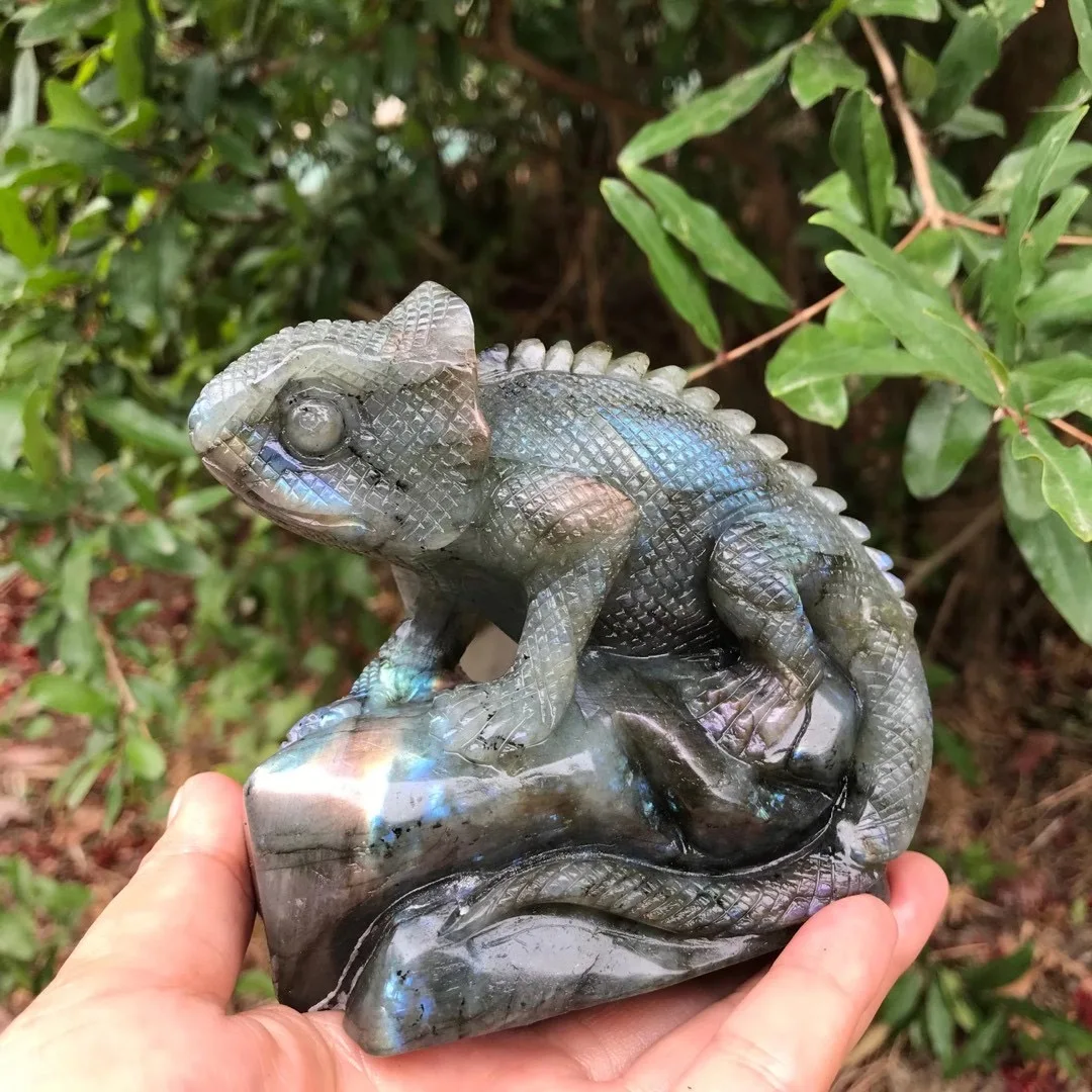 1 Pc Natural Stone Labradorite Handmade Carved Lizard Cabrite Carving Animal Statue Crystal Craft Gift Home Decoration