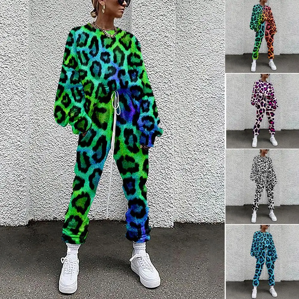 2Pcs/Set Stylish Women Tracksuit Washable Women Top Pants Leopard Relaxed Fit 3D Digital Print Outfit Tracksuit  Streetwear