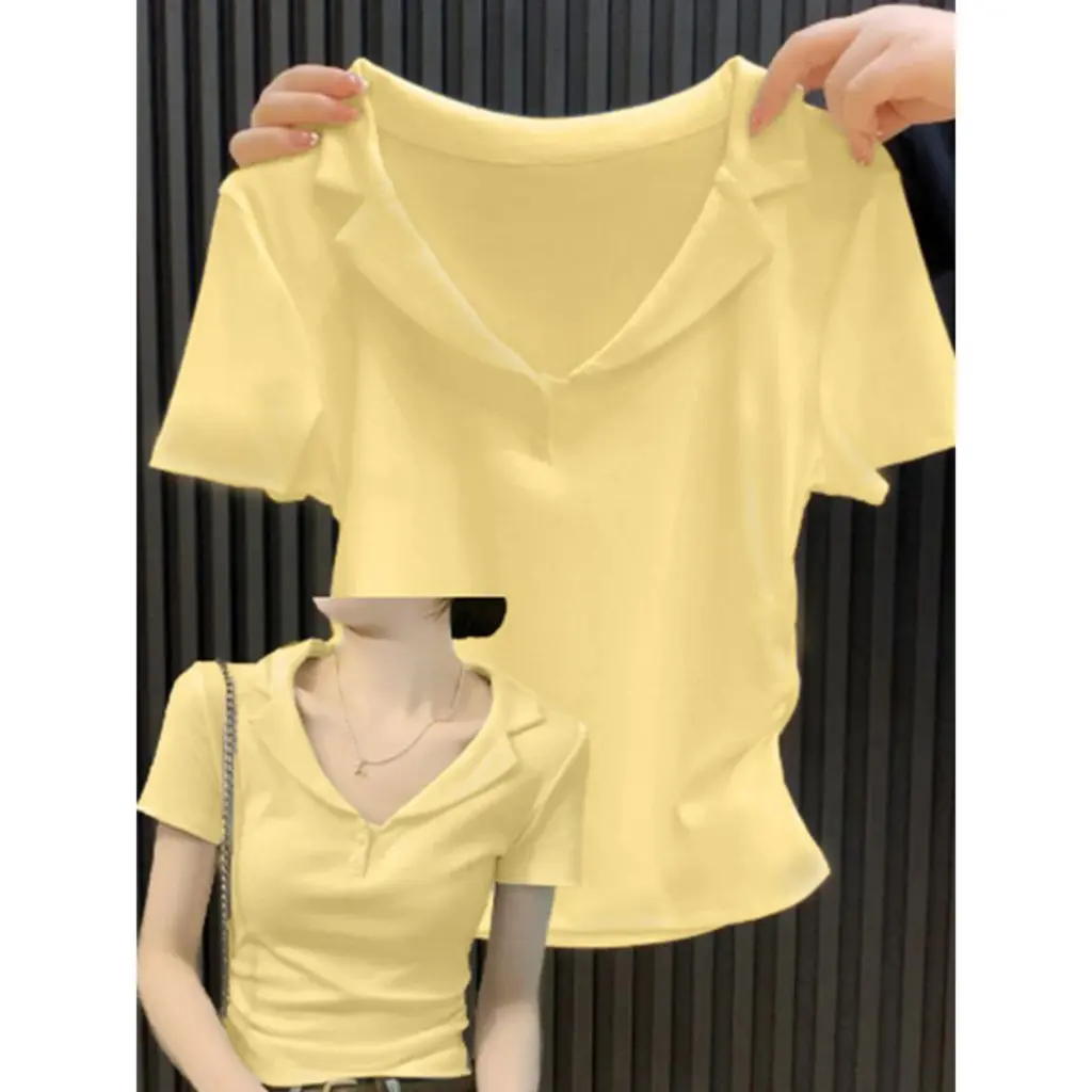 

Women's Slim-fit V-neck Polo Shirt Short-sleeved American Solid Color Lapel T-shirt Summer Base Layer Short Top