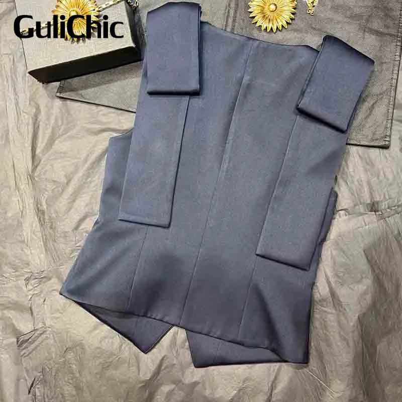 11.27 GuliChic Double Shoulder Bow Design Silk Wool Vest Women Vintage Fashion V-Neck Slim Short Vest