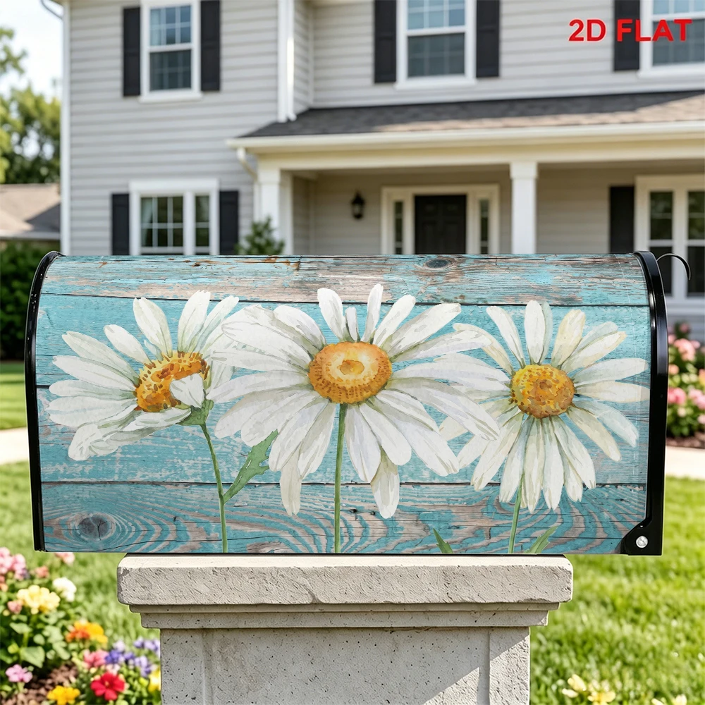 Retro Blue Wood Grain Daisy Printed Mailbox Cover, Rustic Floral Mailbox Decor