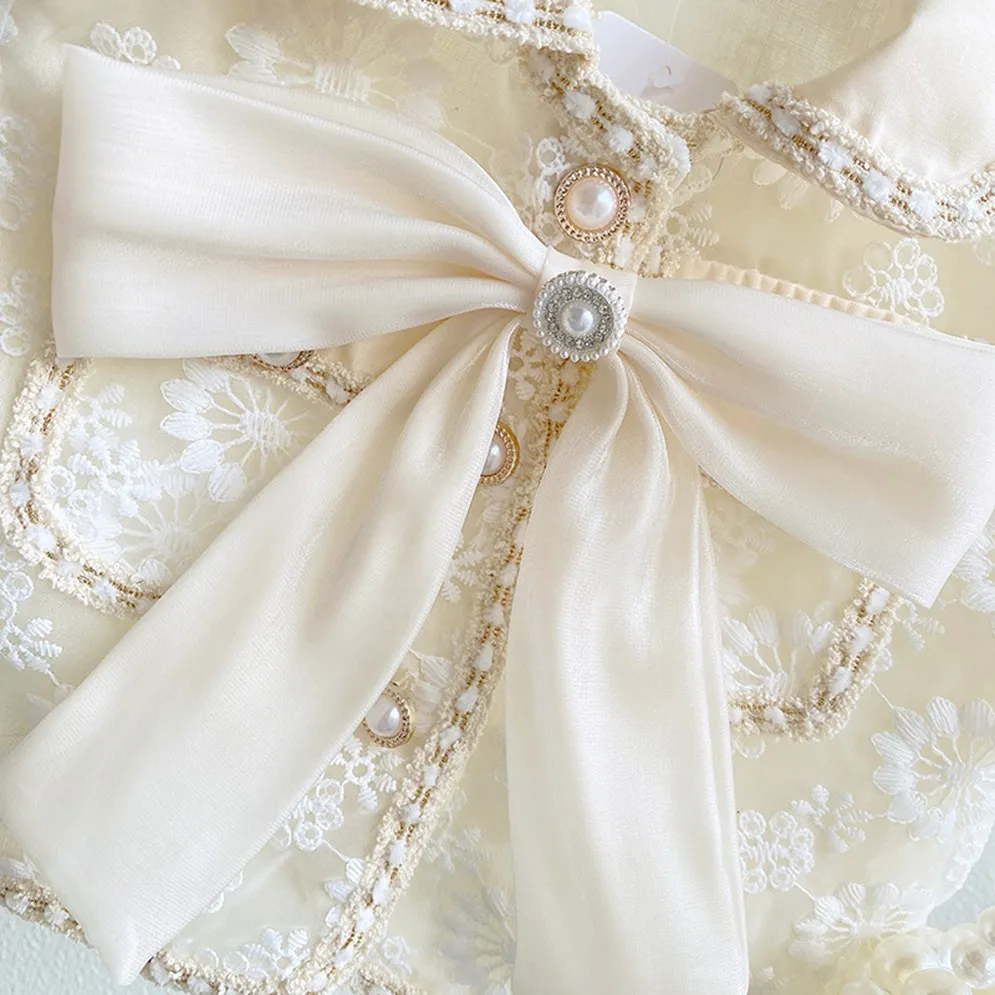 Primavera verão menina conjunto de roupas de bebê malha bowknet princesa 2-7 anos crianças romântico infantil roupas aniversário doce conjunto