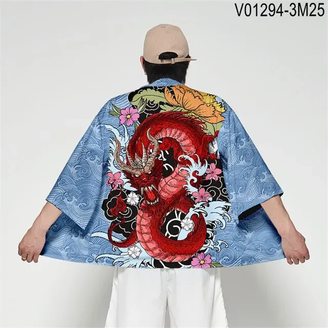 Dragon Print Kimono Unisex Cardigan Hawaiian Shirt Traditional Haori Obi Kimono Cosplay Clothes Harajuku Fashion Yukata