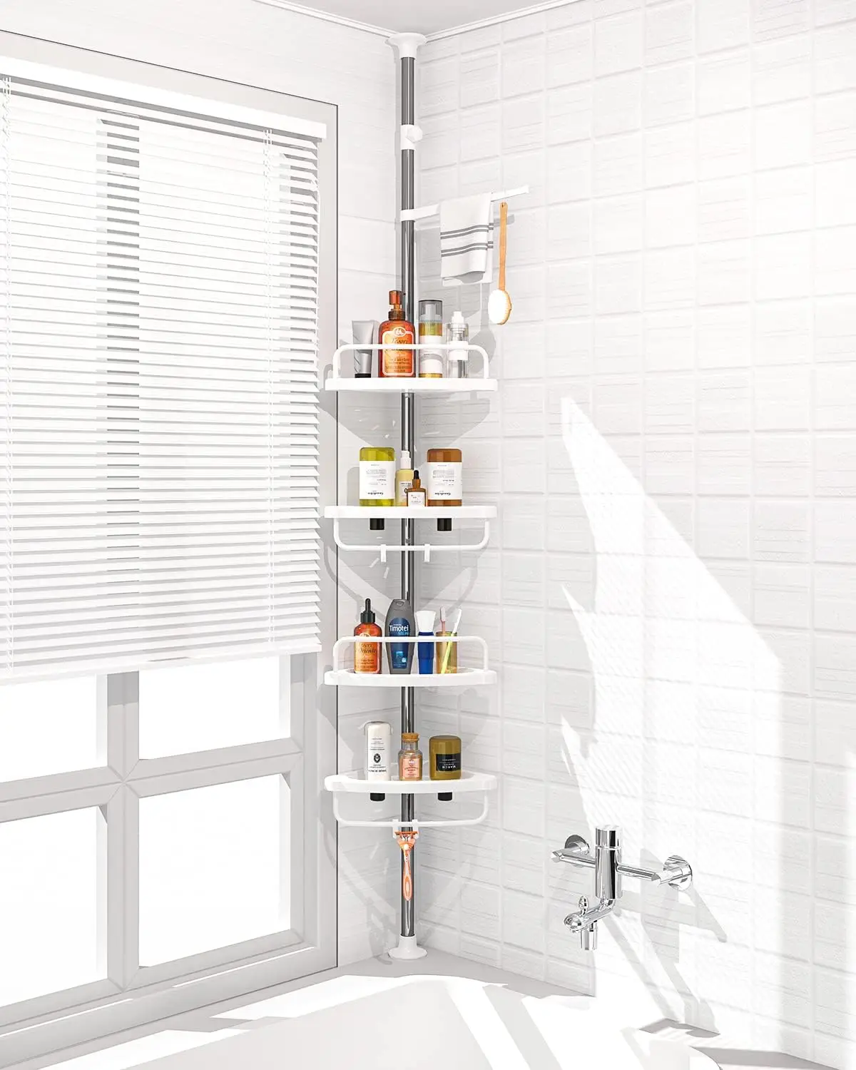 

4 Layer Corner Shower Caddy, Adjustable Shower Shelf, Constant Tension Stainless Steel Pole Organizer, Rustproof 3.3 to 9.8ft