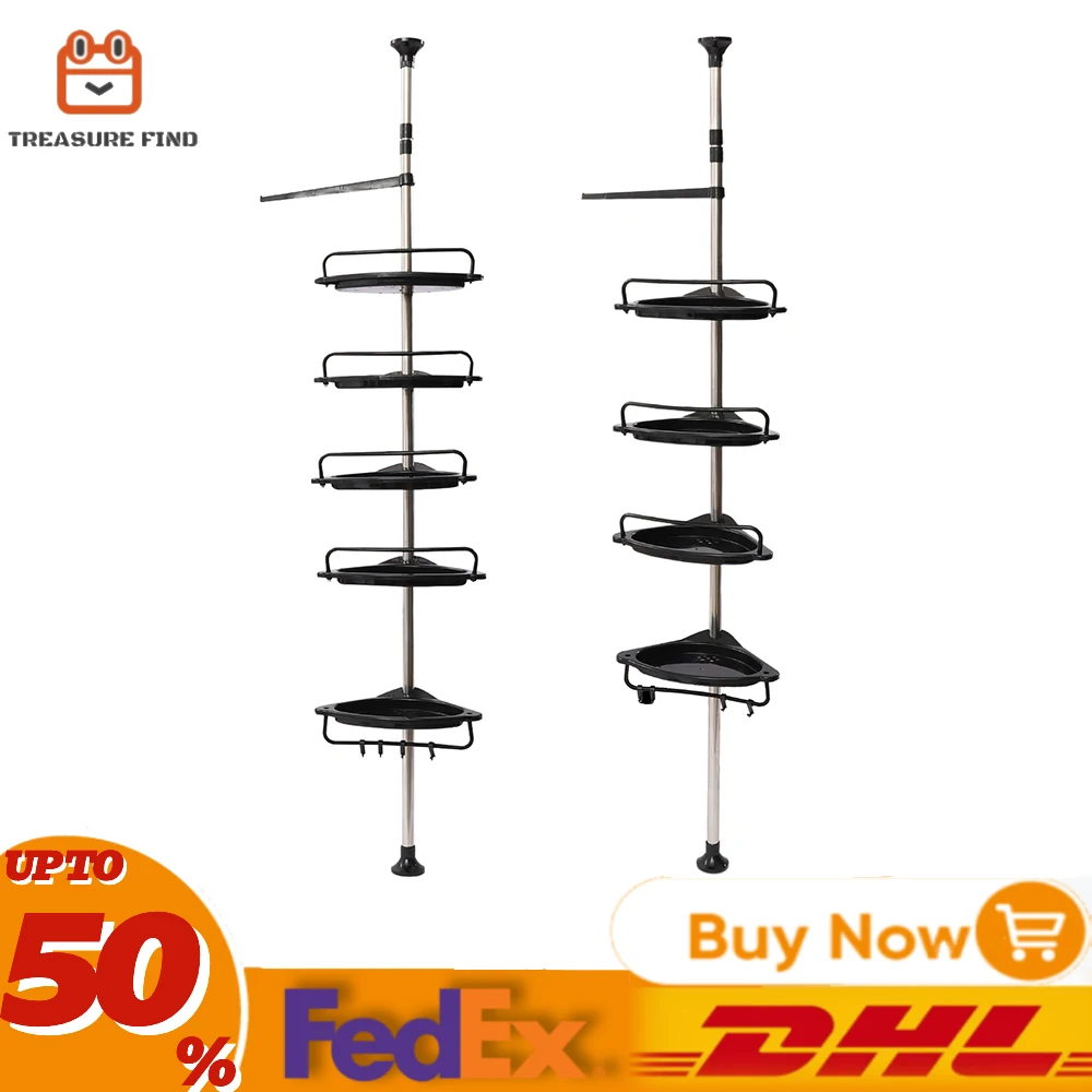 4/5-Tier Bathroom Storage Shelves Bathtub Stainless Steel Adjustable Rustproof Shower Corner with Tension Pole