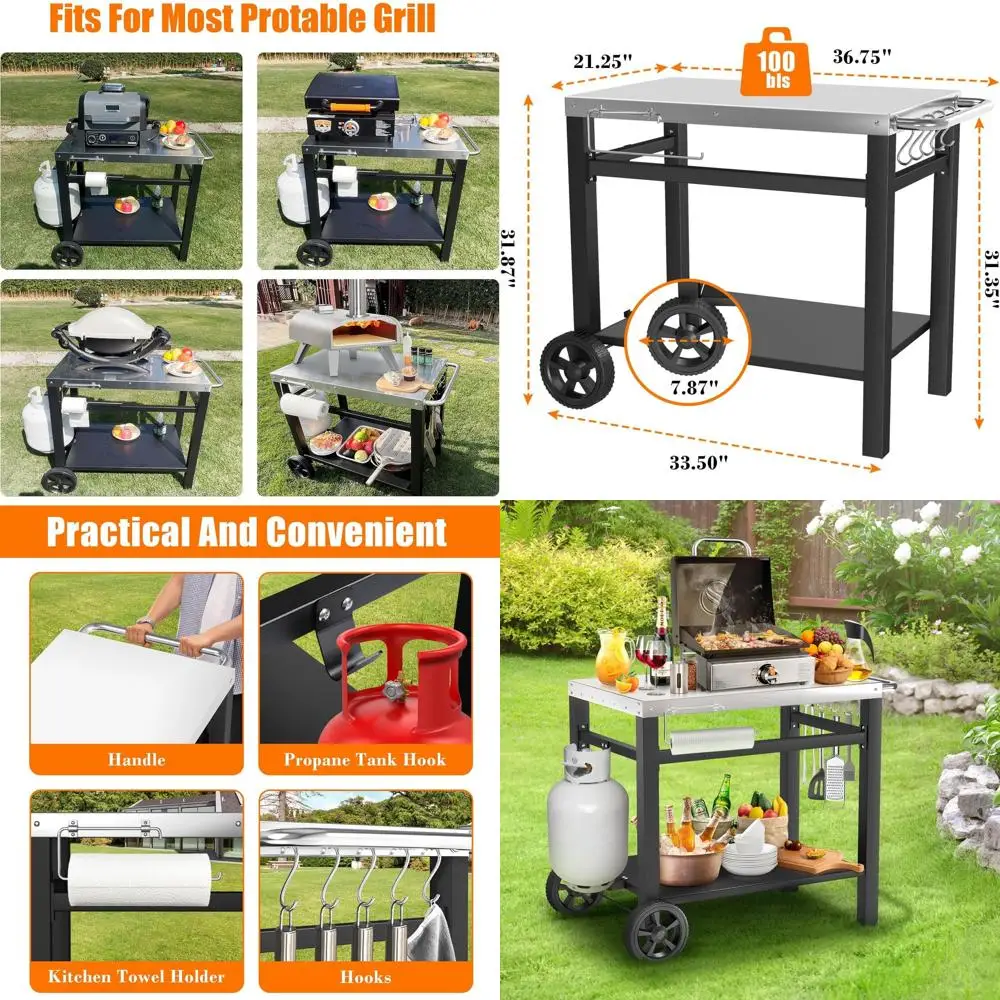 

Портативная обеденная тележка, подставка для духовки для пиццы, подставка для гриля с двойной полкой, тележка для приготовления пищи с колесами, крючками, совместимая с грилем Ninja