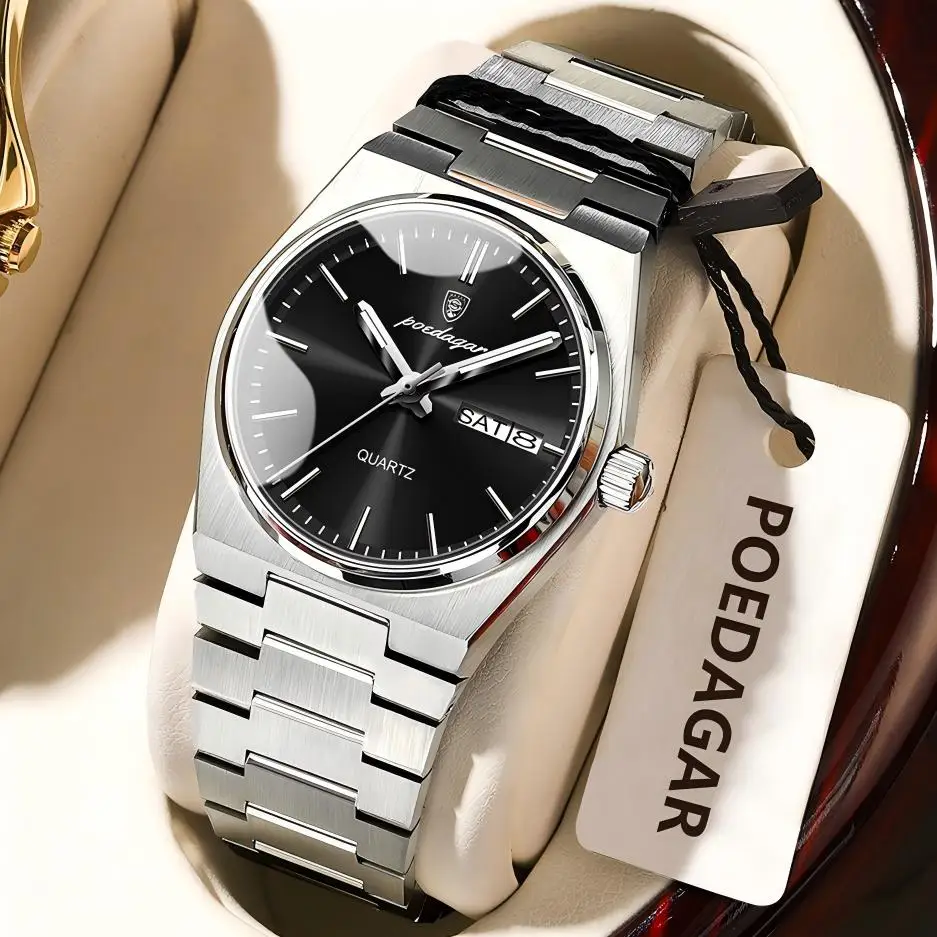 POEDAGAR Elegant Woman's Watch Date Week Waterproof Luminous Ladies Clock Quartz Stainless Steel Fashion Watches For Women Reloj