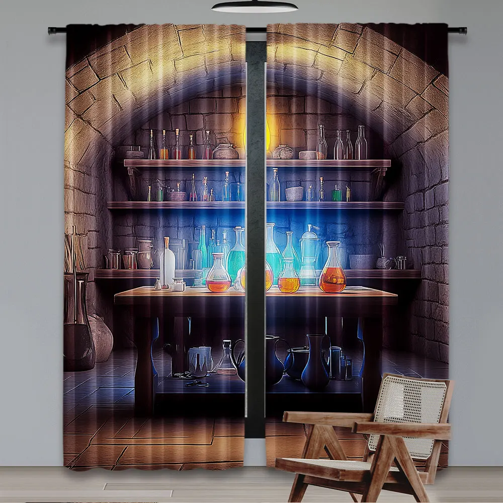 2Pcs Vintage Chemistry Lab Curtain Magic School Laboratory Potions Classroom Mad Scientist Lab Spooky Witch'S Room Halloween