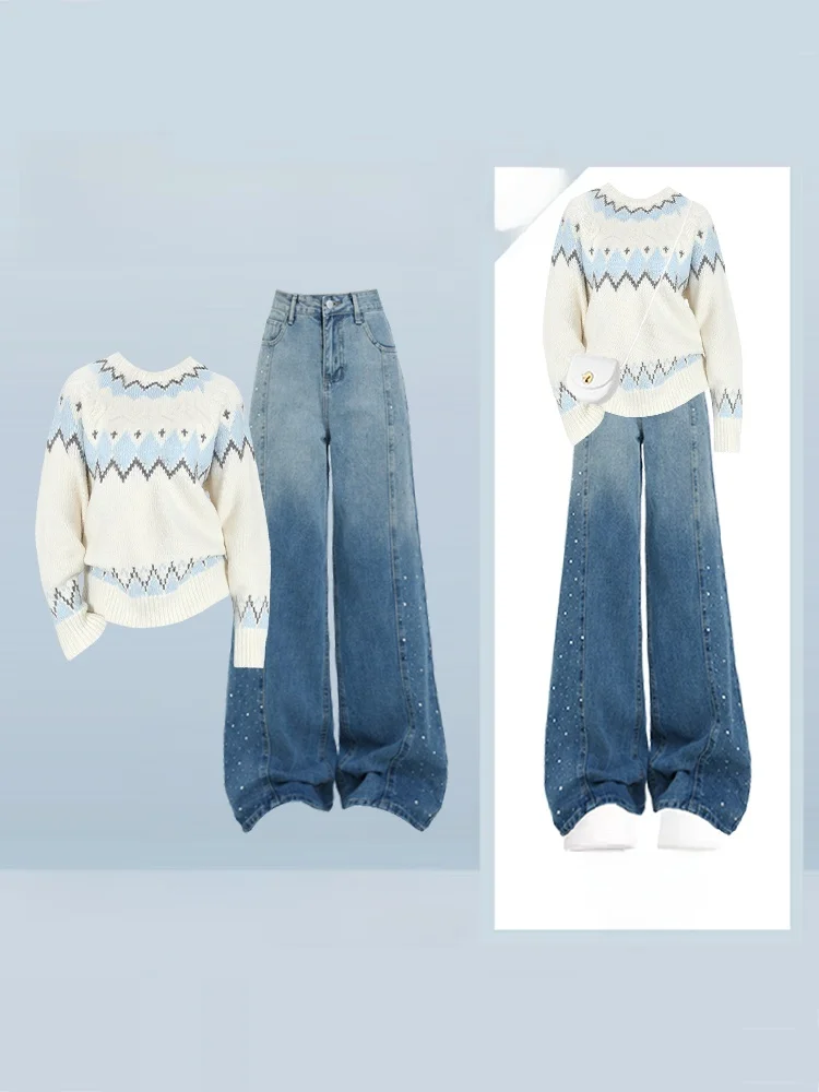 

Soft Sle Knitted Sweater And Wide Leg Jeans Diamond Embedded Women's Autumn Winter Two Piece Set High Waist Long Pants V Ne