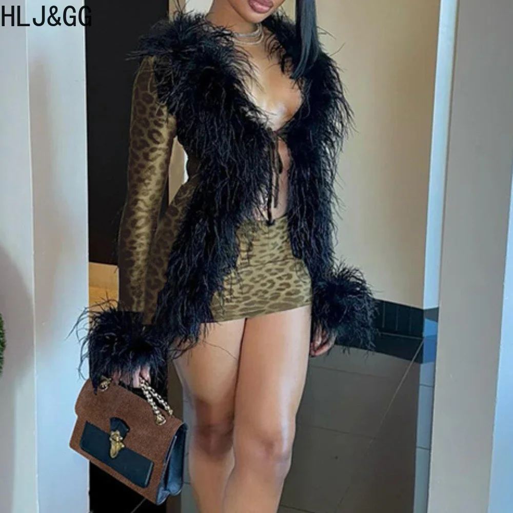 HLJ&GG Sexy Deep V Leopard Print Fur Bodycon Mini Dresses Women Long Sleeve Lace Up Slim Vestidos Fashion Hollow Clubwear 2025