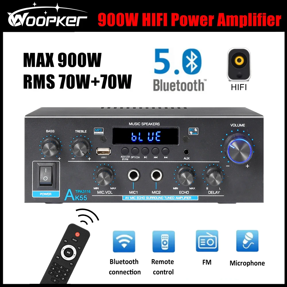 Woopker AK55 900W Home Power Amplifier 2.0 Channel Bluetooth 5.0 Hifi Digital Stereo Sound Amplifier 2.0 450W+450W Subwoofer