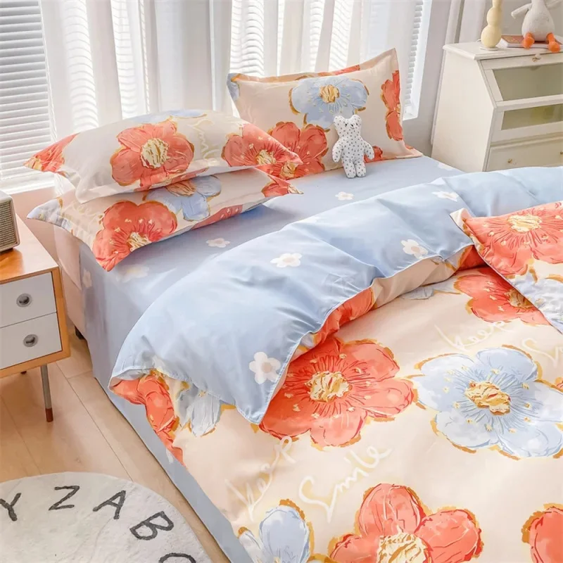 Simple Brushed Fitted Sheet 4 Piece Small Fresh Thickened Polyester Flat Cover 3 Piece Print Bedding Set