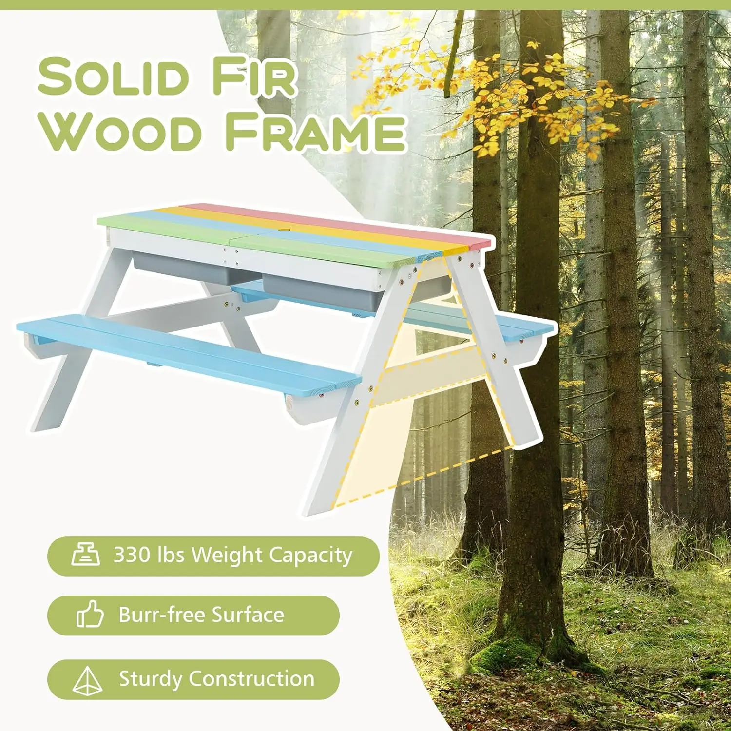 Mesa de Picnic 4 en 1 para niños pequeños, juego de mesa y silla de madera para agua y arena, con paraguas extraíble, actividades para niños Furni