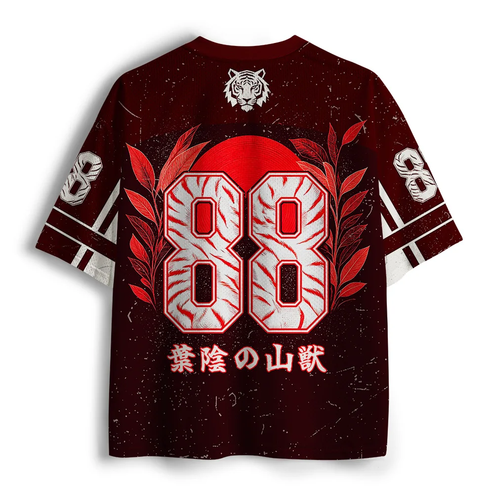 White Tiger Red Sun Leaf Full Print V-neck Short Sleeved Shirt, Size 88, Eastern Chinese Character Burgundy, Adult and Children
