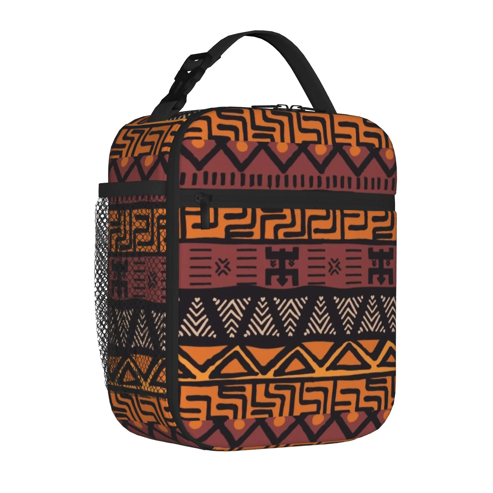 African Ethnic Tribal Ankara Carry Thermal Cooler Bag Geometric Stripe Reusable Insulated Lunch Bags Causal Container Box School