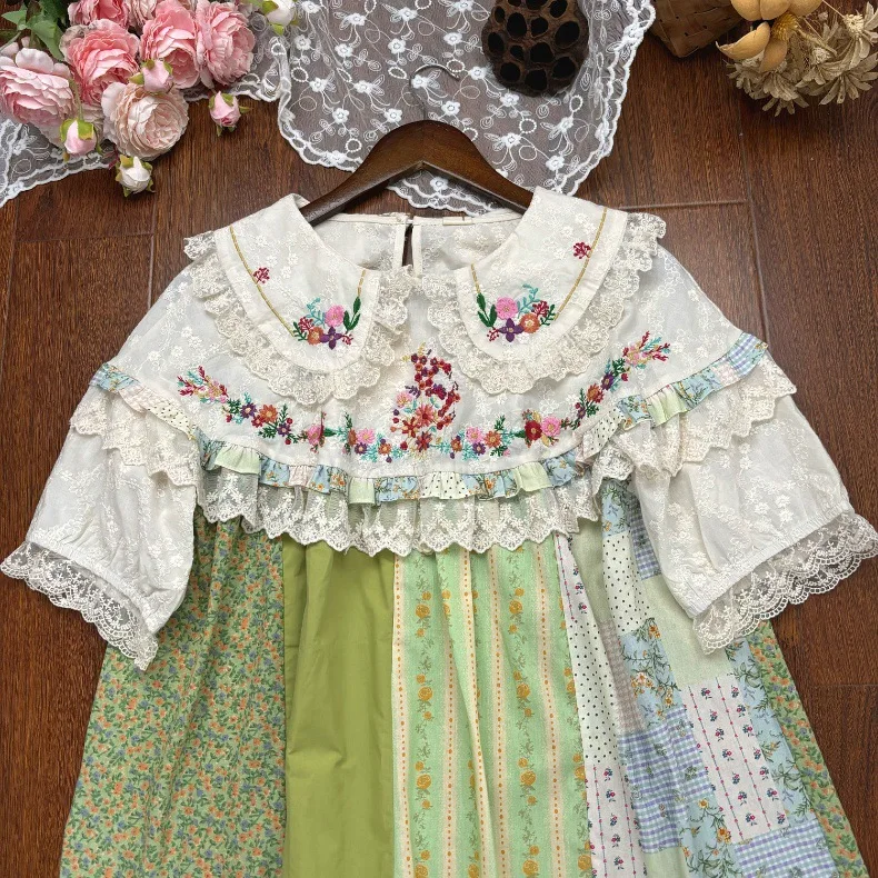 Vintage Embroidery Lace Ruffled Blouse Women Sweet Mori Girl Style Peter Pan Collar Patchwork Shirt Cute Kawaii Long Sleeve Tops