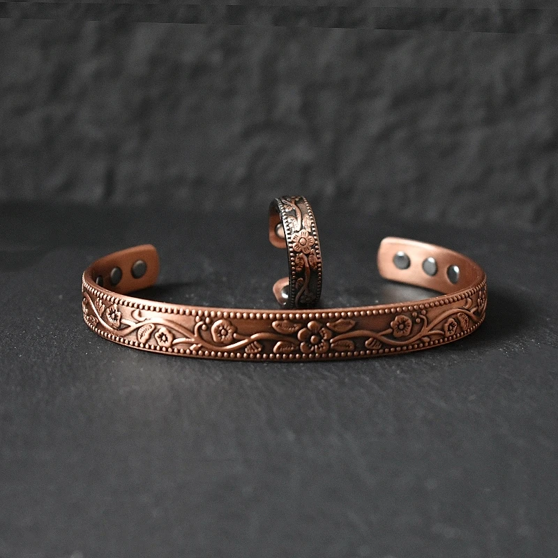 Ethnic Flower Premium Copper Bracelet and Ring Set for Men Women with Strength Magnetic Cuff Bangle Jewelry Set
