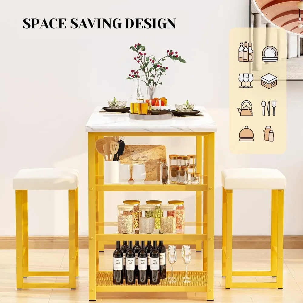 2-person Dining Table Set with Storage Space, Artificial Marble Kitchen Table and Chair Set, Modern Designed Dining Room Set