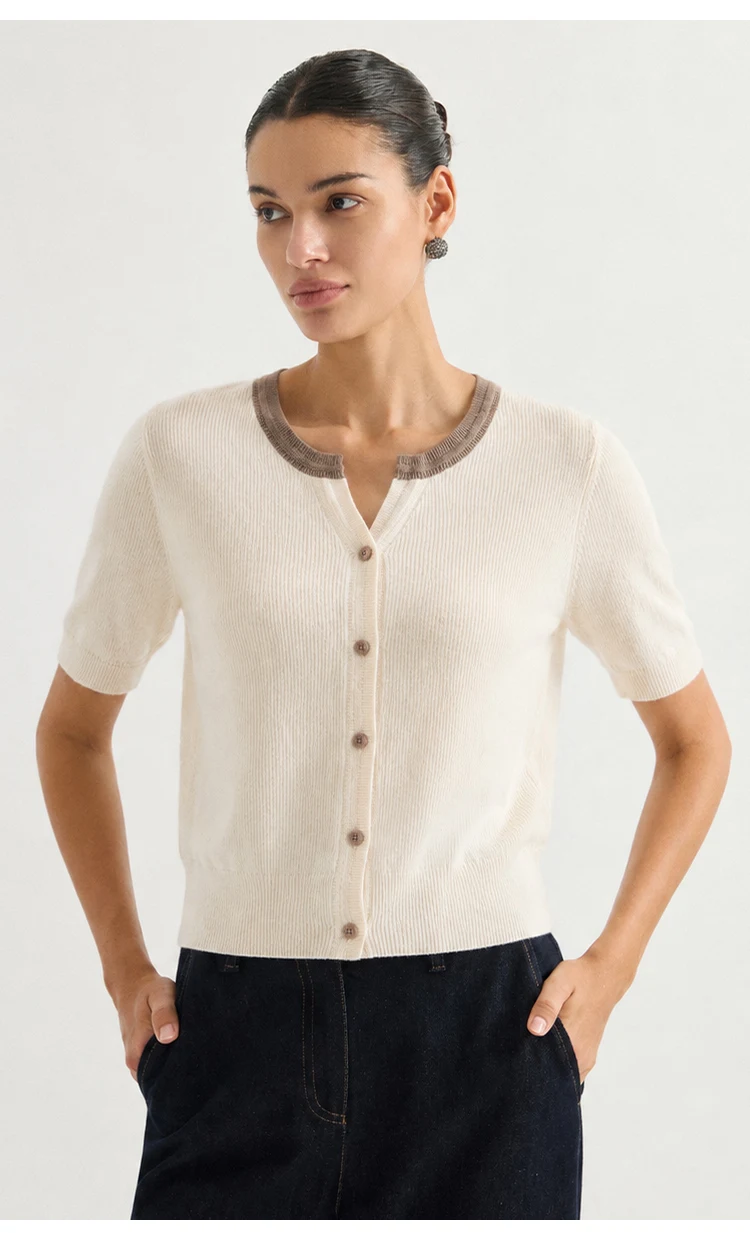 ML62125 Damen Schicker V-Ausschnitt Kurzarm Strickjacke mit Knopfleiste, gerippt, aus Modal-Mischgewebe, Frühherbst-Pullover – Detail 3