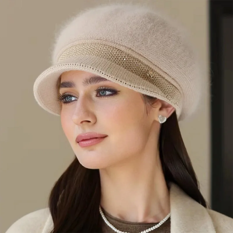 New Woman Winter Warm Hat Plush Fur Lined Warm Cap For Women Casual Rabbit Fur Blend Hat Streetwear Outdoor Fashion Knitted Hat