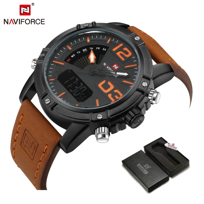 NAVIFORCE Luxus Marke männer Sport Uhren Männer Dual Display LED Digital Wasserdichte Lederband Quarz Militär Uhr Mann Uhr