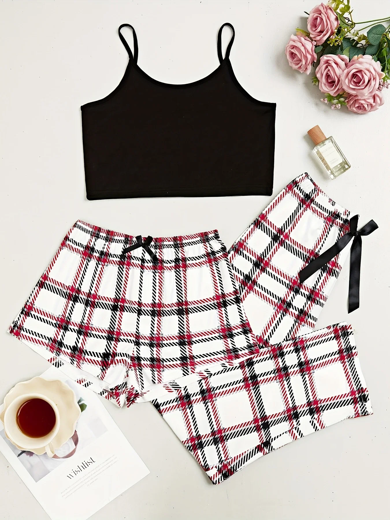 Conjunto de pijama casual feminino, shorts e calças suspensas, laço para casa, moda best-seller, 3 peças