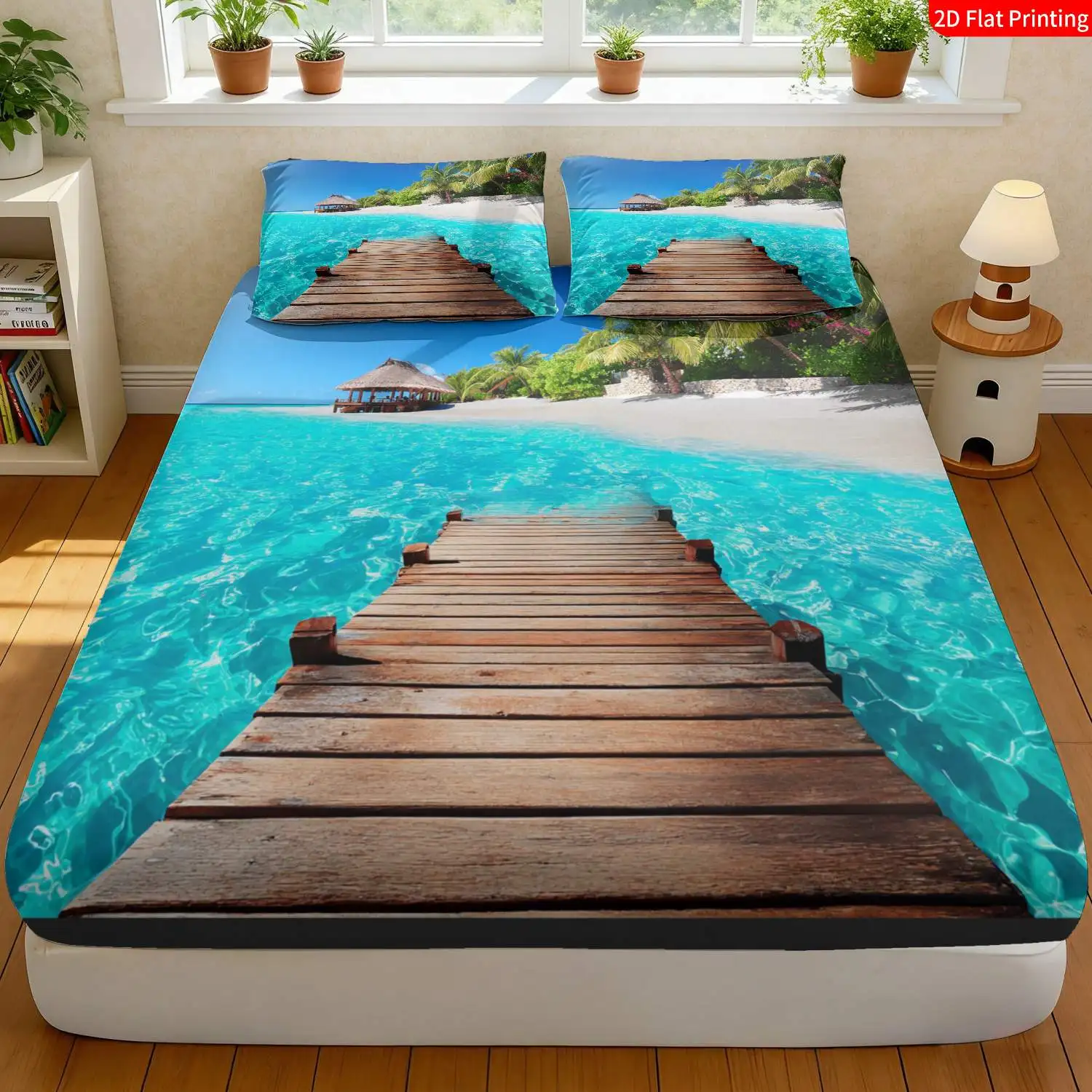 Tropical Beach Style, Ocean-Themed 2D Digital Print Three-Piece Bed Sheet Set, Three-Piece Bedding Set (Includes 1 Fitted Sheet + 2 Pillowcases), 3-Piece Set, Deep Pocket Fitted Sheet with 2D Print and 2 Pillowcases, Mattress Protector, Fitted Sheet Style, Protective Cover, Mattress Protector, Suitable for All Seasons, Machine Washable Design, Holiday Decoration, Various Sizes, Breathable Protective Cover Plus Pillowcase