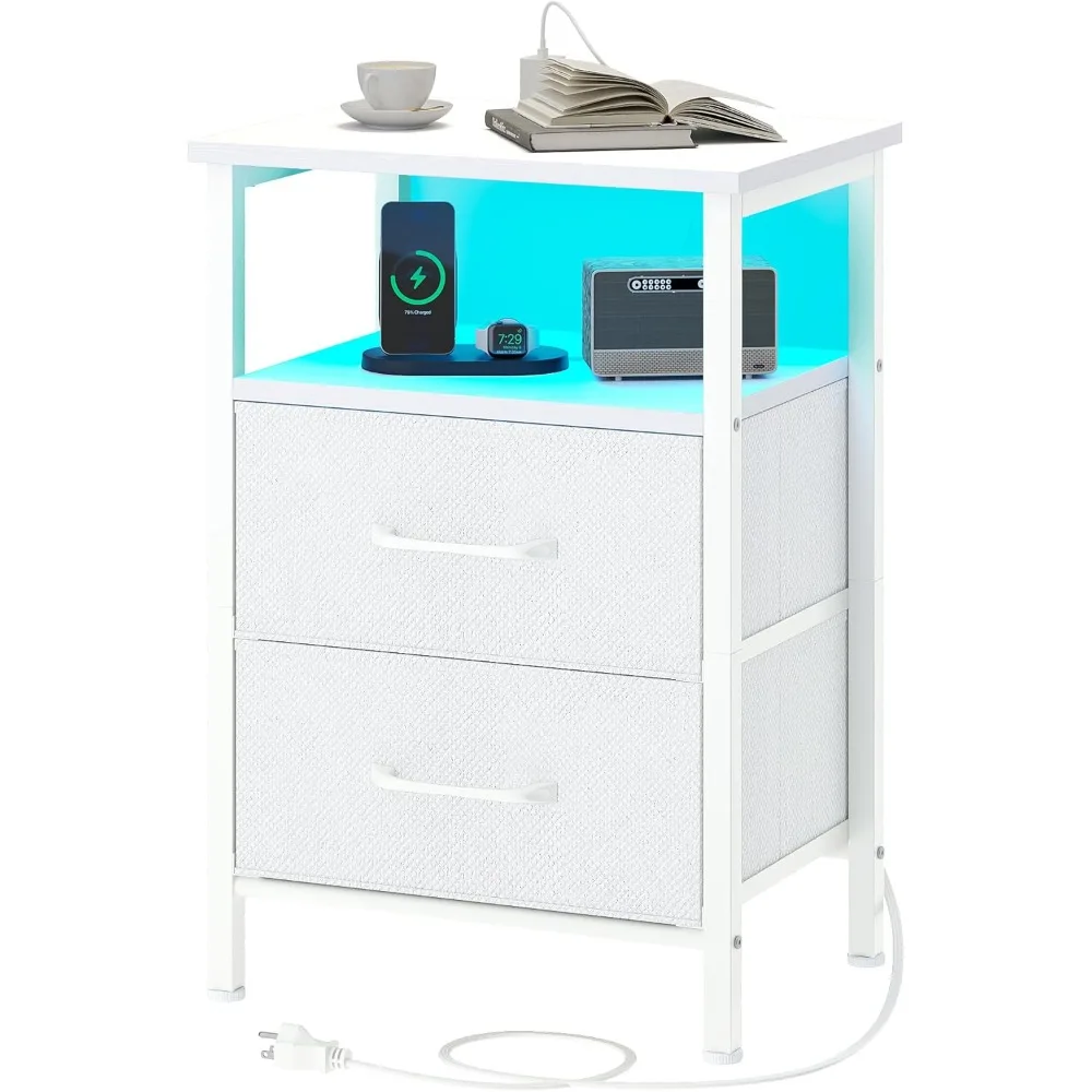

Nightstands, Night Stand with Charging Station and Led Lights, Bedside Table with 2 Fabric Drawers for Bedroom, Small Side End T