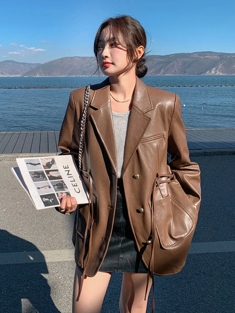 Loose Fit Brown Button Pu Leather Big Size Jacket New Lapel Long Sleeve Women Coat Fashion Tide Spring Autumn 2023