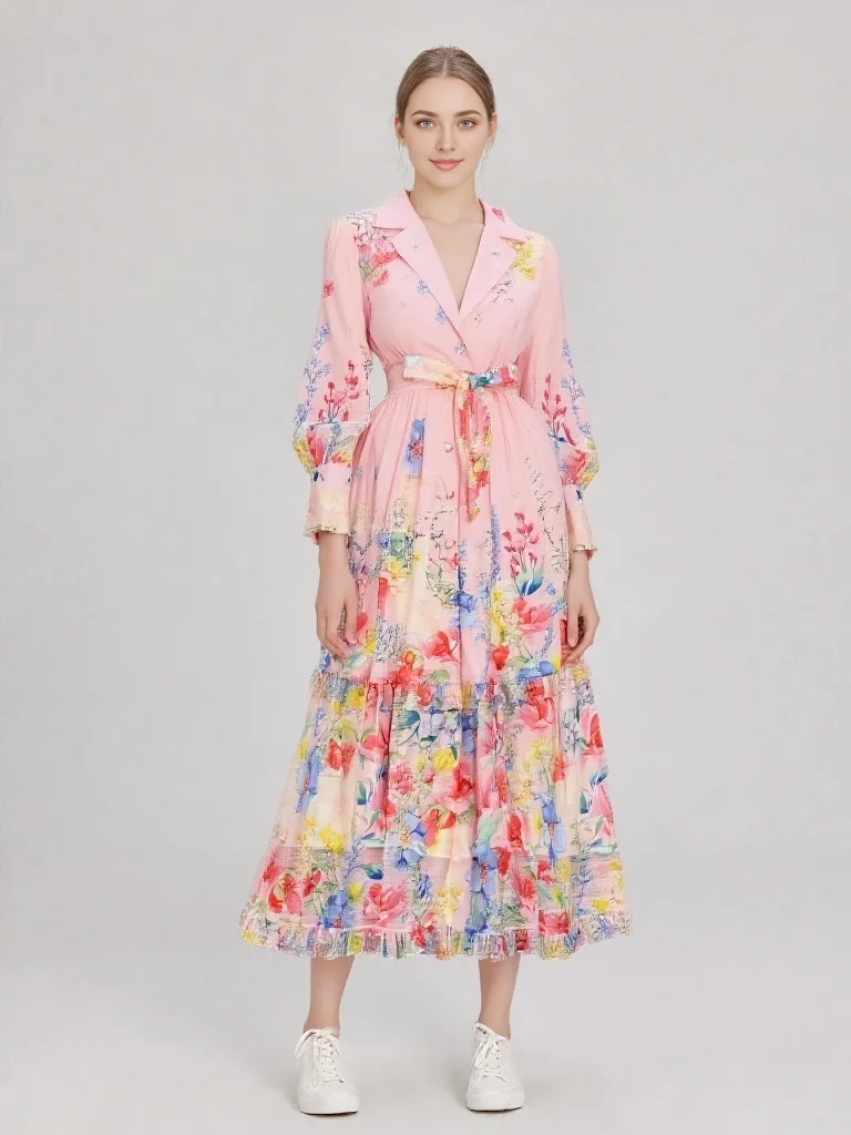 

Women's Floral Print Boho Maxi Dress Long Lantern Sleeve Lace-Up Stand Ruffle Chiffon Elegant Holiday Robe Vest