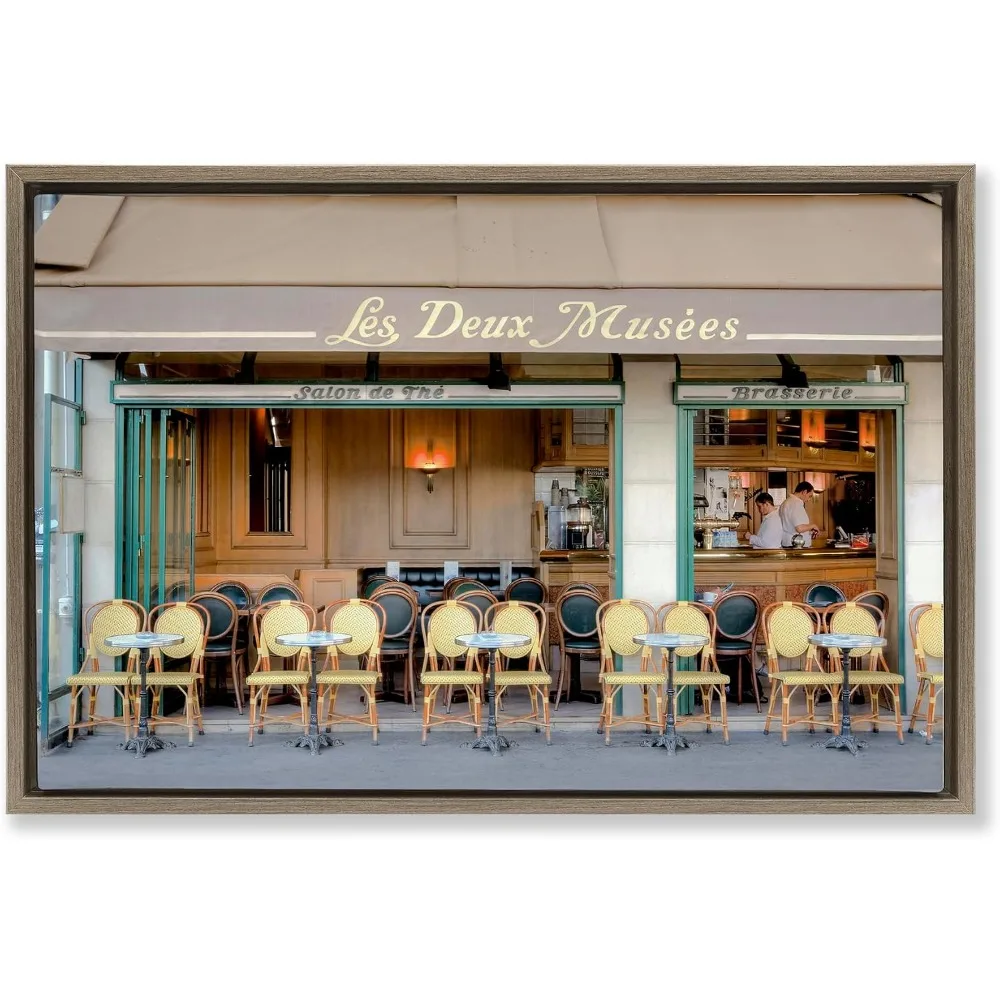 Parisian Outdoor Cafe Seating Art, Earth Tone Cityscape, 20 x 30 Inch Gallery Wrapped Canvas