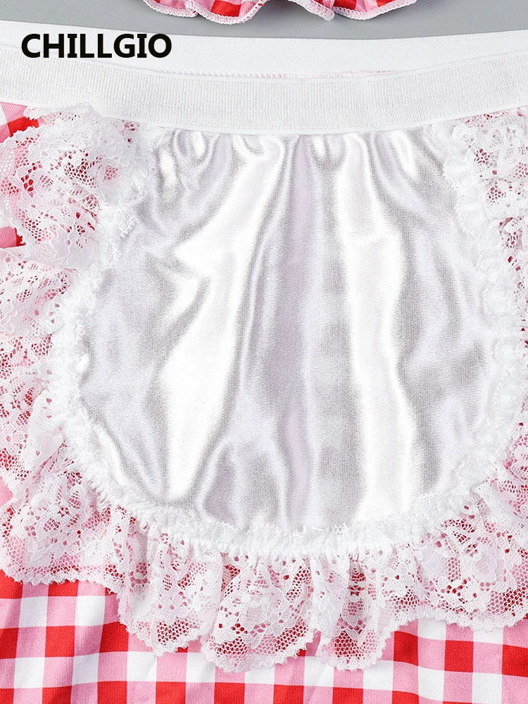 CHILLGIO النساء الأحمر شبكة تنورة مجموعة موضة بلوزات حمالة مثير ثونغ خادمة تأثيري المثيرة الملابس الداخلية مثير الكبار لطيف موحدة الصدرية مجموعة