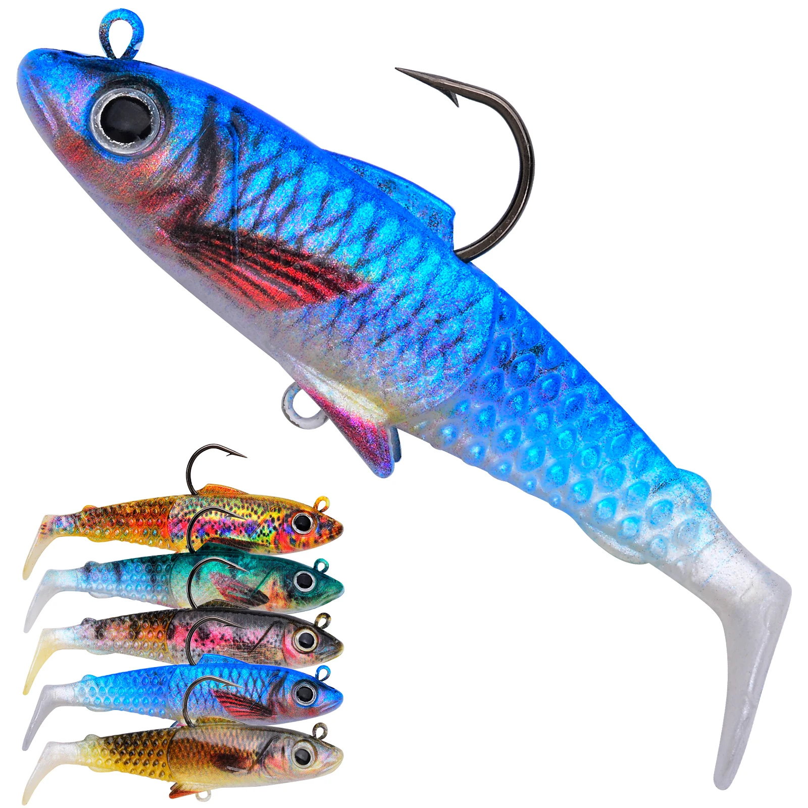 

PROBEROS 1/5pcs Soft T-Tail Fishing Lure Artificial Bait Wobbler Walleye Perch Bass Pike Paddle Tail Swimbait