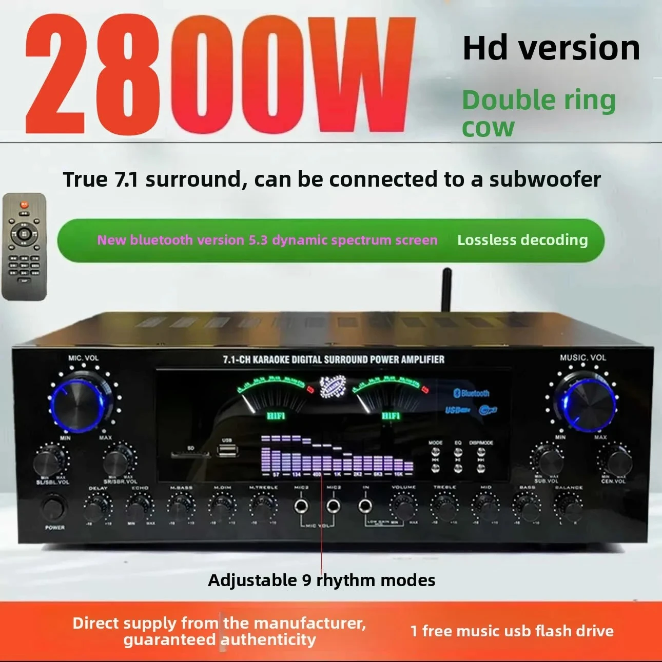 2800W Home Karaoke Dual-Ring Power Amplifier New Model 7.1 Channel Zone Tuning High-Power Metal Construction