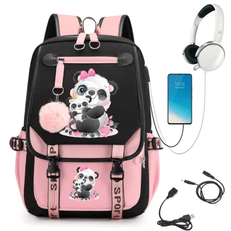 Cute Little Panda with Watercolor Cartoon School Bag for Teenager Girls Backpack Anime Cartoon Bagpack Student Backpack Usb Bags