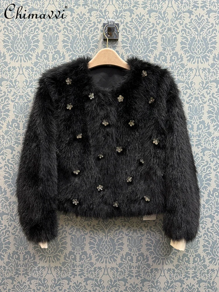 French Elegant Socialite Heavy Industry Diamond Round Neck Single-breasted Faux Fox Fur Coat Women Thick Warm Short Fur Jackets