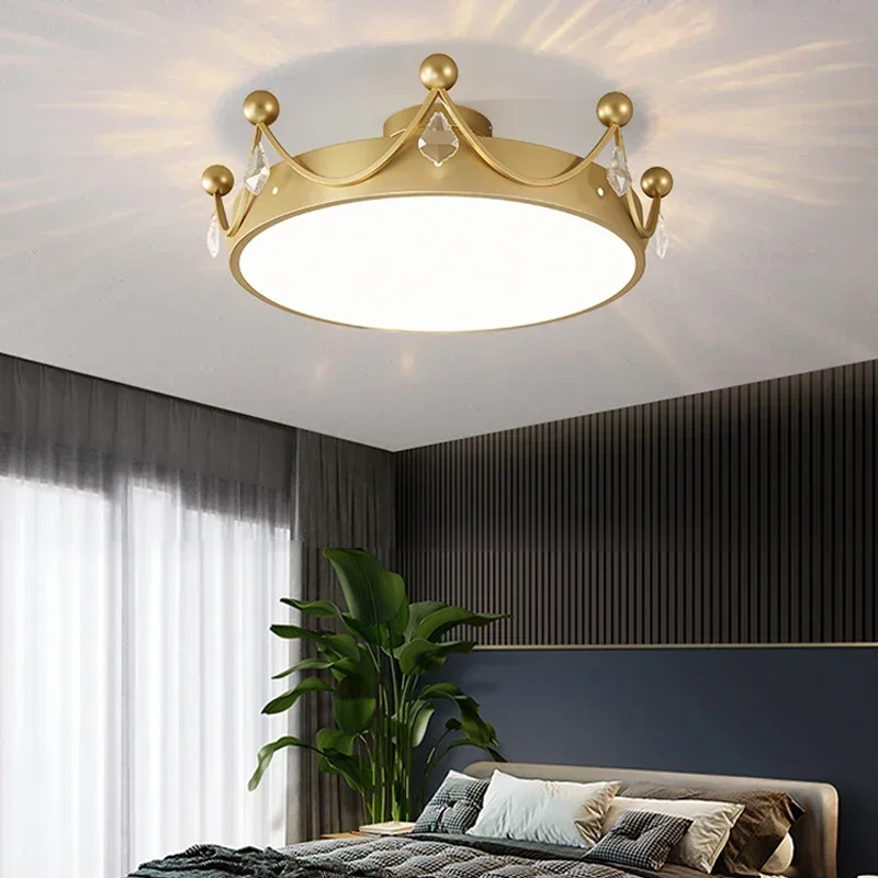 Crown Ceiling Lights Child Girl Study Bedroom Modern Princess Ceiling Lamp Crystal Golden Chandelier Fixture Home Decorative