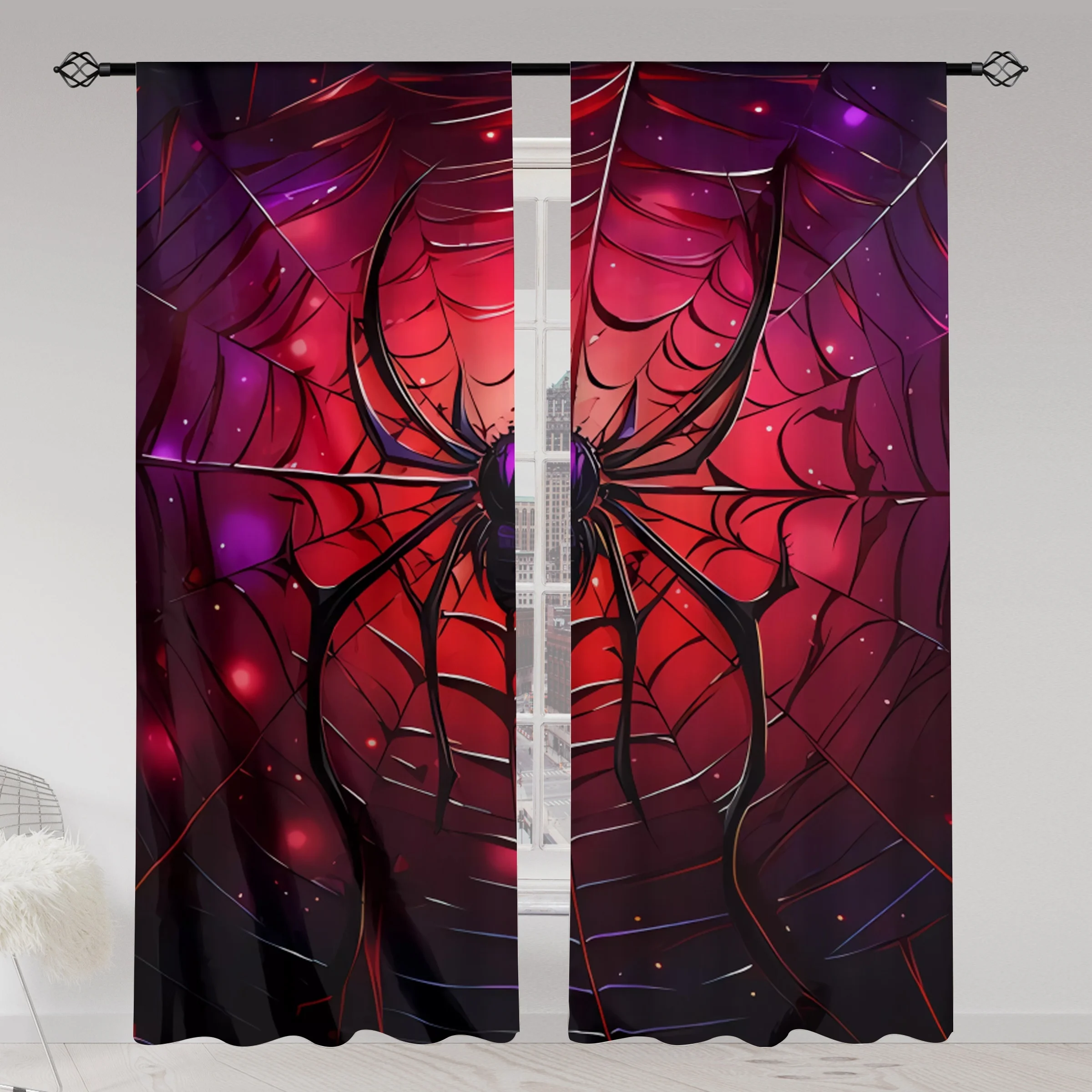 Gothic Halloween Spider Web Window Curtains 2 Panels, Bright Red Purple Glow Arachnid Drapes for Dark Horror Style Decoration